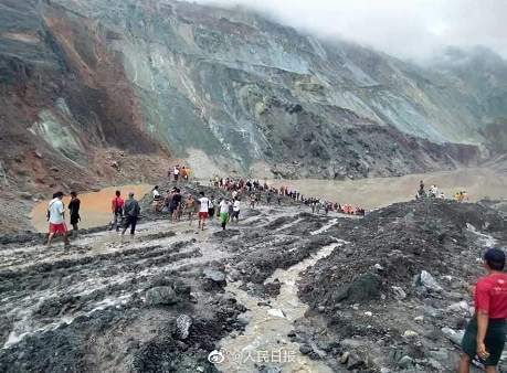 緬甸一翡翠礦區塌方約200人被埋，目前已找到33名遇難者遺體，媒體估計至少有50人罹難。   圖 : 翻攝自人民日報。