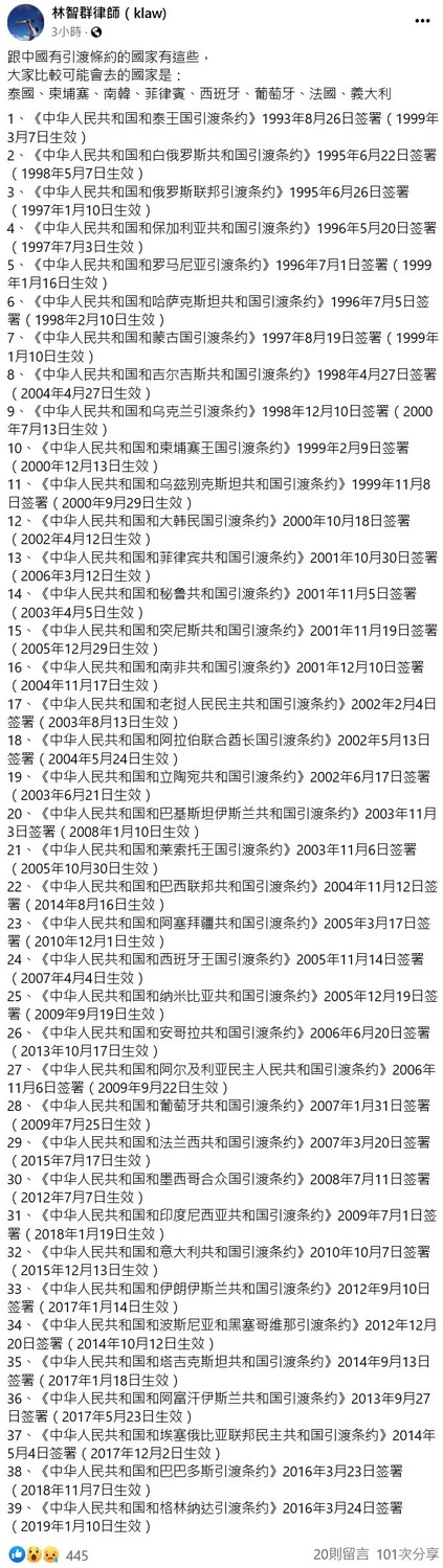 林智群列出與中國簽訂引渡條約的國家。   圖：翻攝自林智群臉書