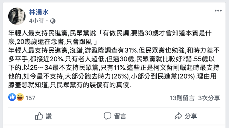 民進黨前立委林濁水3日在臉書表示，超過30歲民眾黨就比較好？55歲以下的民眾中，就25-34歲最不支持民眾黨。   圖：擷取林濁水臉書