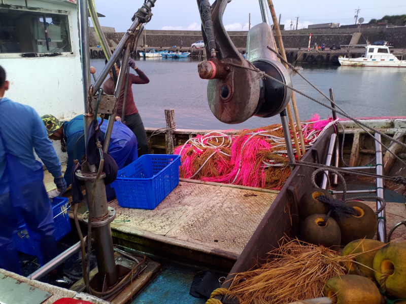驅趕繩上綁有緞帶和稻草，拖曳時驅趕飛魚，是相對友善的漁法。    圖：新北漁業及漁港事業管理處／提供