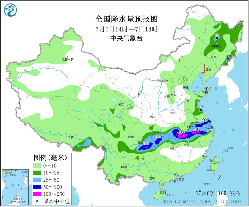 武漢江夏區烏龍泉測站創下24小時雨量紀錄，明日適逢中國高考，湖北省官方亦提醒考生關注最新天氣訊息。   圖:翻攝自中國中央氣象台