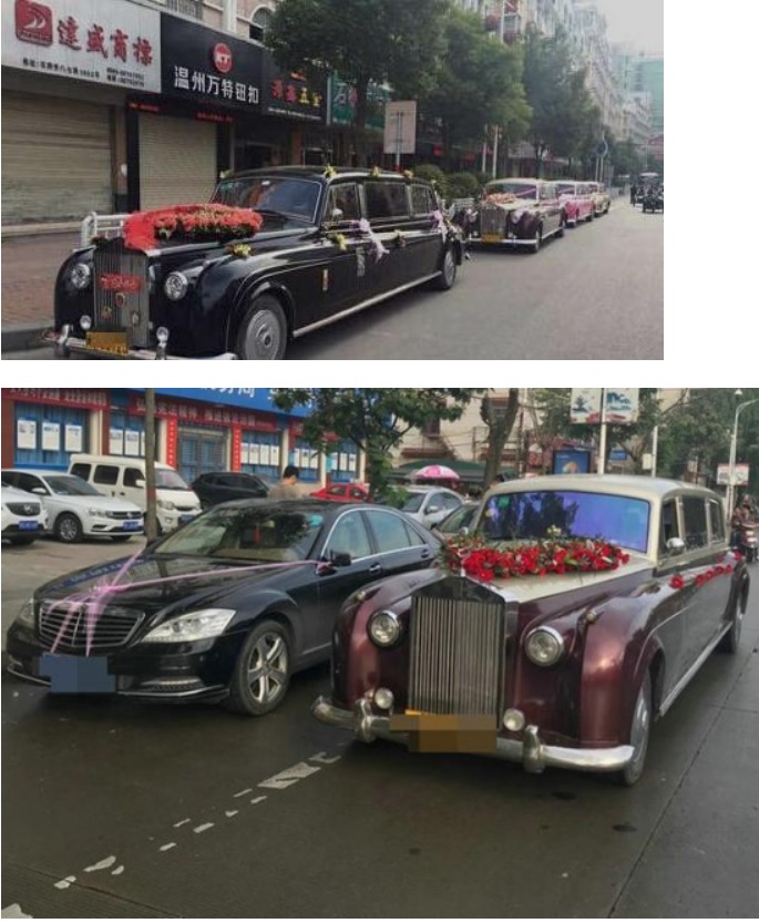 中國微信有網友爆料，指山寨版勞斯萊斯在中國變成迎親熱門車，婚禮上隨處可見。   圖：翻攝自中國微信「不相及研究所」