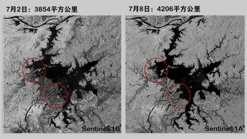 最新衛星監測顯示，鄱陽湖主體及附近水域面積為近10年最大，鄱陽縣境內多處圩堤出現漫堤險情。   圖：擷取至中國國家衛星氣象中心