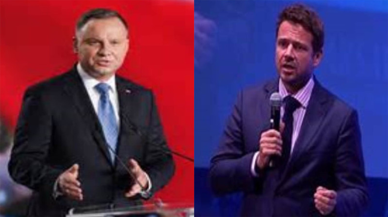 波蘭現任總統杜達 (圖左) 在昨 (12) 日的總統大選中依照民意調查結果宣布自己獲勝，不過杜達的競爭對手佐薩斯科斯基（圖右）並不認同，表示勝負還很難說。   圖：新頭殼合成