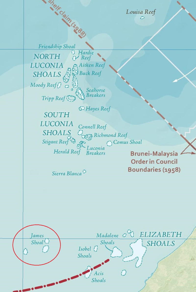 曾母暗沙（紅圈處）是在南海水下17公尺的海底珊瑚暗礁，離馬來西亞僅50海浬，距中國最南的海岸則約有1000海浬。   圖：翻攝自維基網站