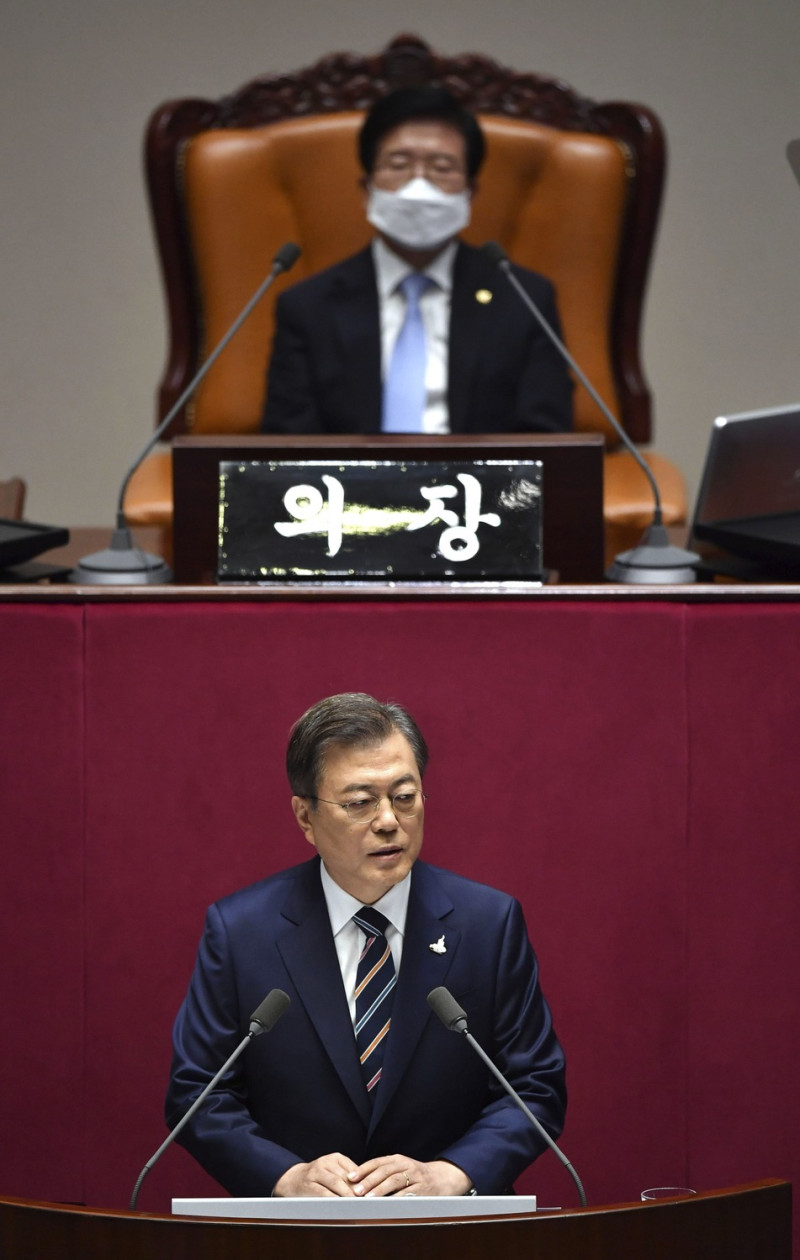 7月16日下午，韓國總統文在寅在首爾舉行第21屆國民大會開幕式。   圖：達志影像/美聯社