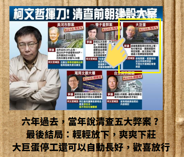 臉書粉專「只是堵藍」晚間表示，台北市長柯文哲當年信誓旦旦要清查前朝5大建設弊案，到頭來什麼也沒有「改變成真」，5大弊案變成5個玩笑。   圖：翻攝只是堵藍臉書