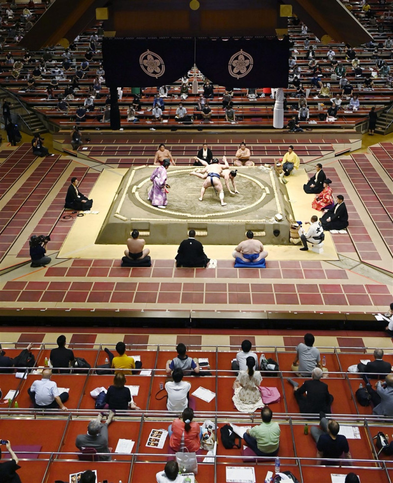 儘管日本武漢肺炎疫情持續升溫，相撲比賽19日在現場觀眾前展開。   圖：中央社