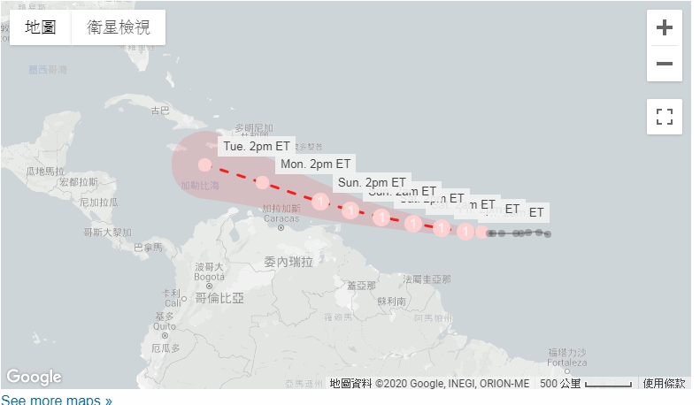 風暴貢扎洛在加勒比海的路徑走勢圖。   圖 : 翻攝自google map