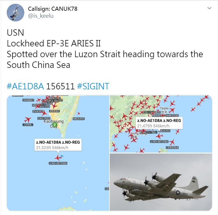 分享全球各國軍機動態的「Callsign: CANUK78」26日也在推特，發布美軍EP-3E電偵機由呂宋海域朝南海飛行的訊息。   圖：翻攝自Callsign: CANUK78推特