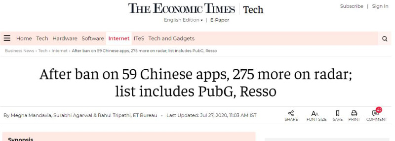 印度《經濟時報》今（27）日報導，根據知情人士介紹，印度已草擬出一份清單，其中包含275款中國應用程序。   圖：擷取自印度《經濟時報》