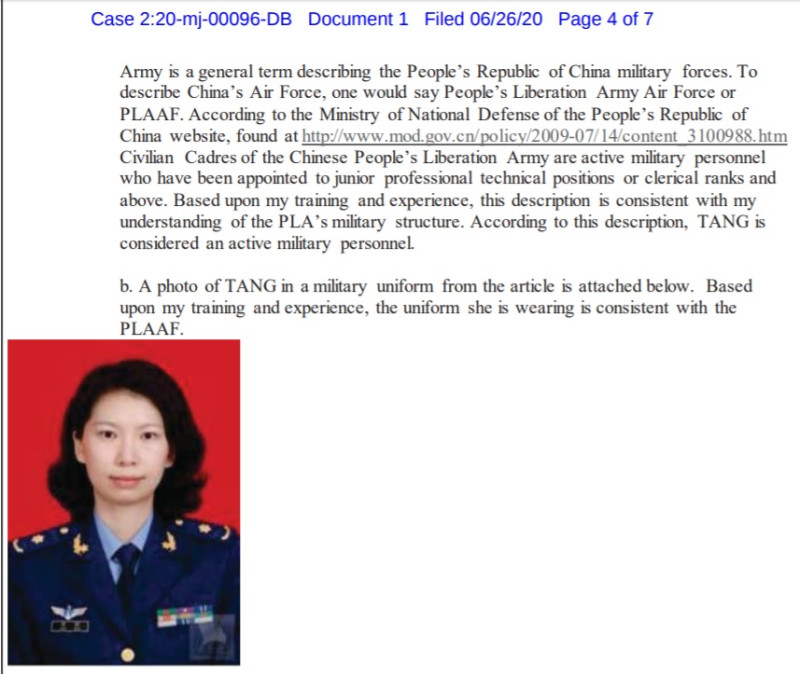 根據美國司法部掌握的資料，中國解放軍女學者唐娟涉嫌簽證詐欺，最重可處10年監禁。   圖：翻攝自美國司法部