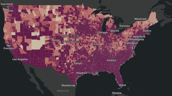 美國各州的最新疫情圖，白色區塊表示無感染，顏色越深表示感染情形越嚴重。   圖 : 擷取自Johns Hopkins University 0729 統計圖