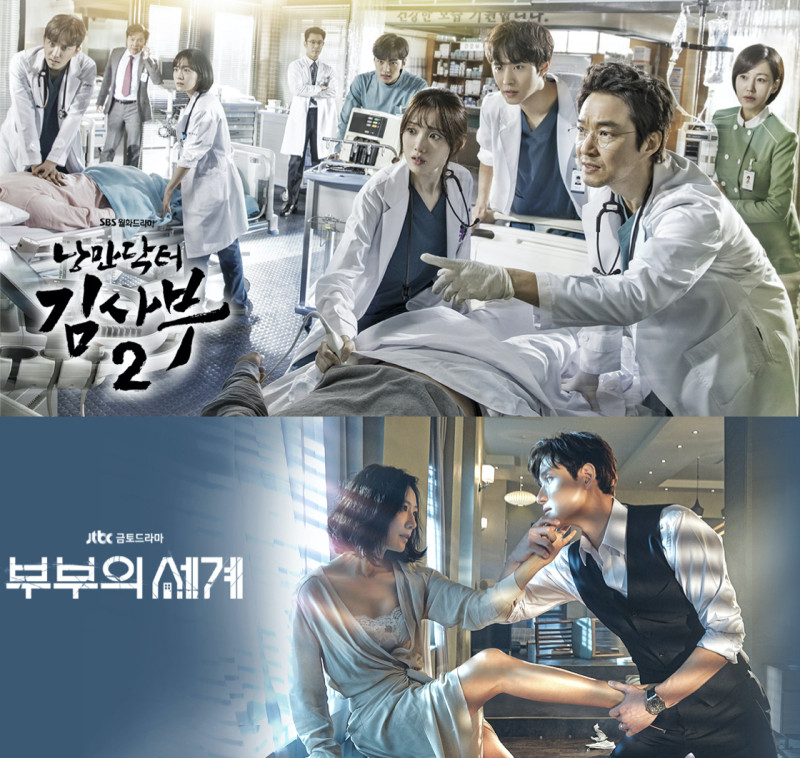《夫妻的世界》（圖下）第二名、《浪漫醫生金師傅2》則是收視冠軍。   圖：翻攝自JTBC、SBS