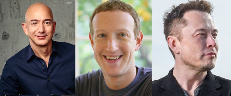科技業因疫情受惠，亞馬遜創辦人貝佐斯、臉書創辦人祖克柏、特斯拉創辦人馬斯克今年財富增加了1150億美元（約新台幣3.402兆）！   圖：新頭殼合成
