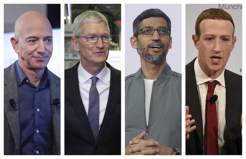 自2019-2020年的組成照片，由左至右為亞馬遜首席執行官傑夫·貝佐斯，蘋果首席執行官蒂姆·庫克，谷歌首席執行官Sundar Pichai和Facebook首席執行官馬克·扎克伯格。   圖 : 達志影像/美聯社