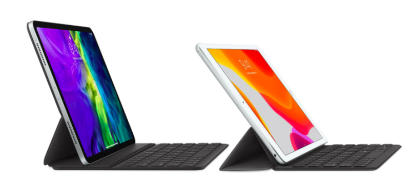 蘋果申請新專利，連接器可裝上兩台iPad，達到多螢幕操作或直接變成筆電。   圖：擷取自蘋果官網