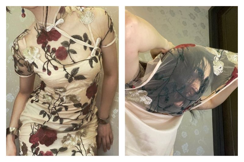 日本一位正妹作家意外發現自己穿上旗袍後脫不下來。   圖：翻攝自@kirisawatae的推特