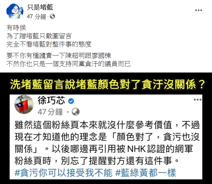 「只是堵藍」fb粉專砲國民黨台北市議員徐巧芯。   圖:翻攝自「只是堵藍」臉書粉絲專頁