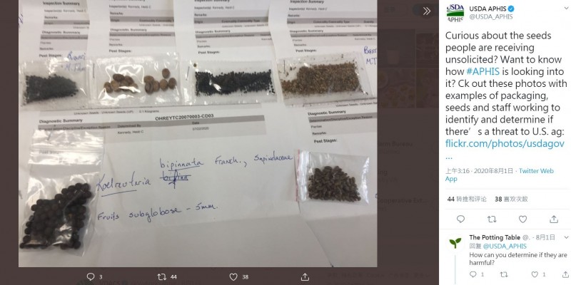 美國農業部已經從來自中國的奇怪包裹中鑑別出14種不同的種子，其中部分種子疑似「被處理過」。   圖：翻攝USAD APHIS推特