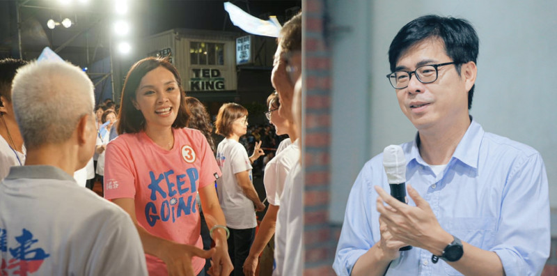 高雄市長候選人李眉蓁（圖左）、陳其邁（圖右）拿「像極了愛情」來玩梗。   圖：翻攝自臉書