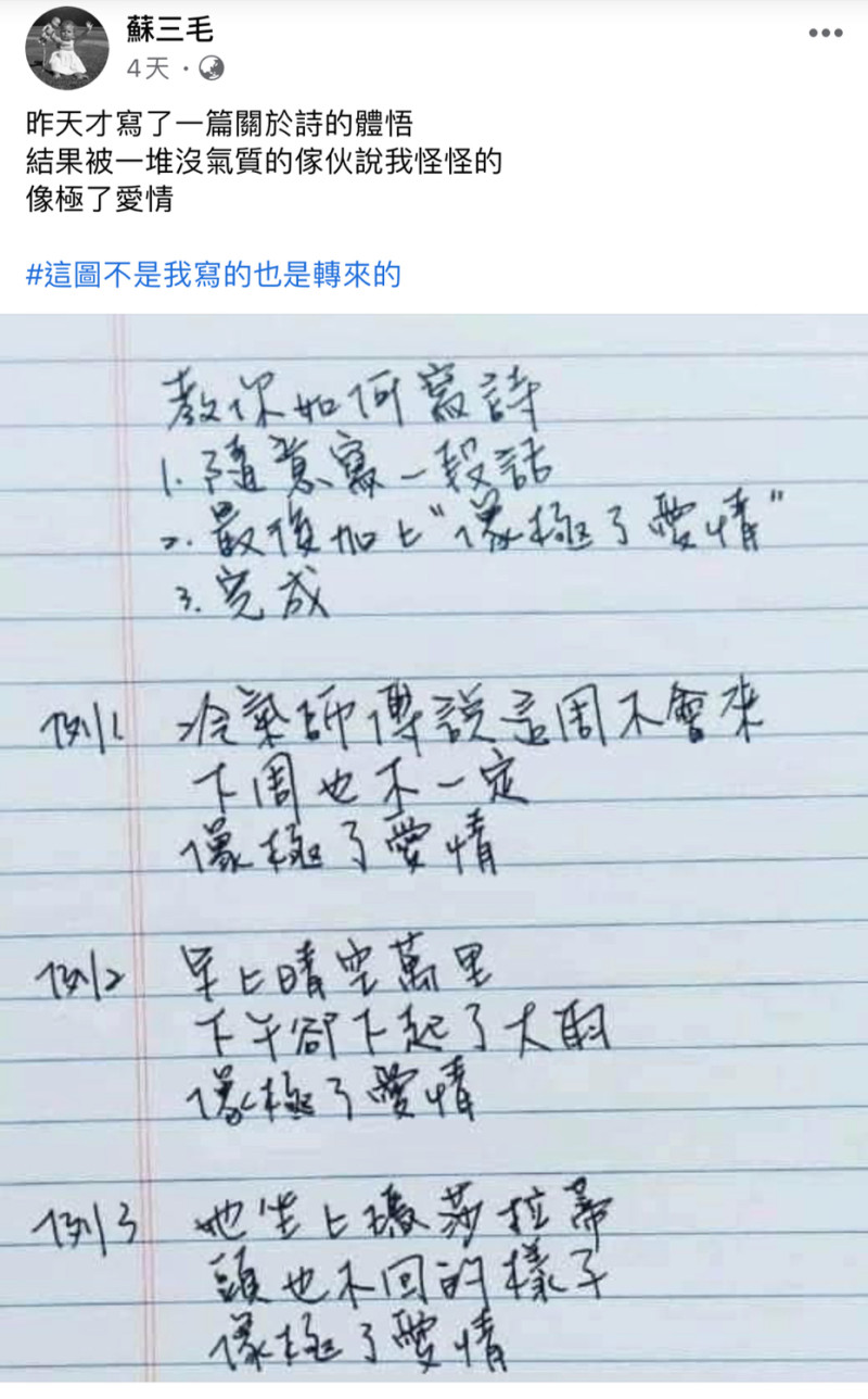「像極了愛情」在台灣爆紅起源是導演蘇三毛在臉書轉貼的文字。   圖：截圖自臉書