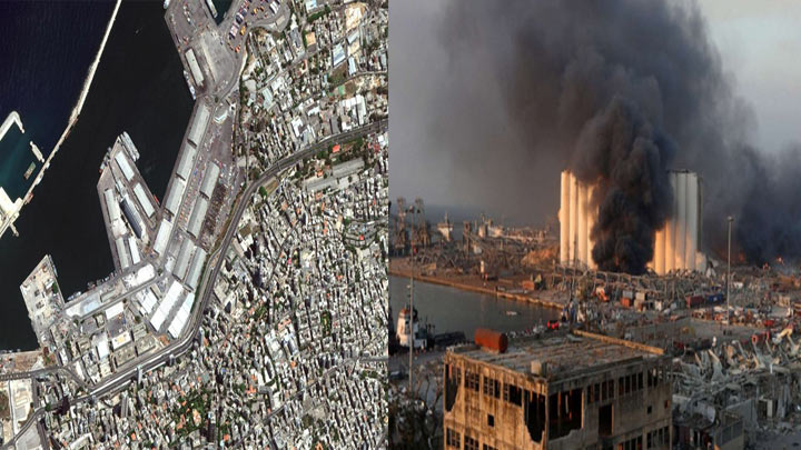 貝魯特大爆炸事前衛星照與爆炸後的照片比對。   圖 : 翻攝自環球網