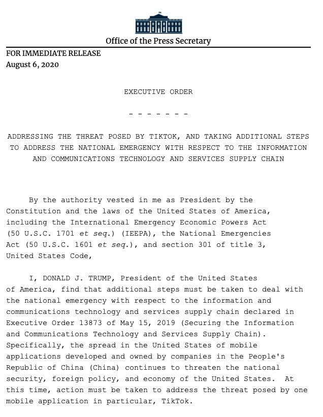 川普簽署行政命令禁止美國企業與抖音、微信進行交易。   圖：翻攝自AndrewFeinberg推特
