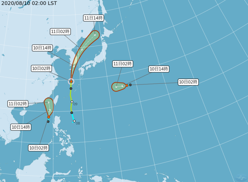 位於南海的熱帶性低氣壓（圖左下），恐發展為今年第6號颱風米克拉。   圖：翻攝自中央氣象局官網