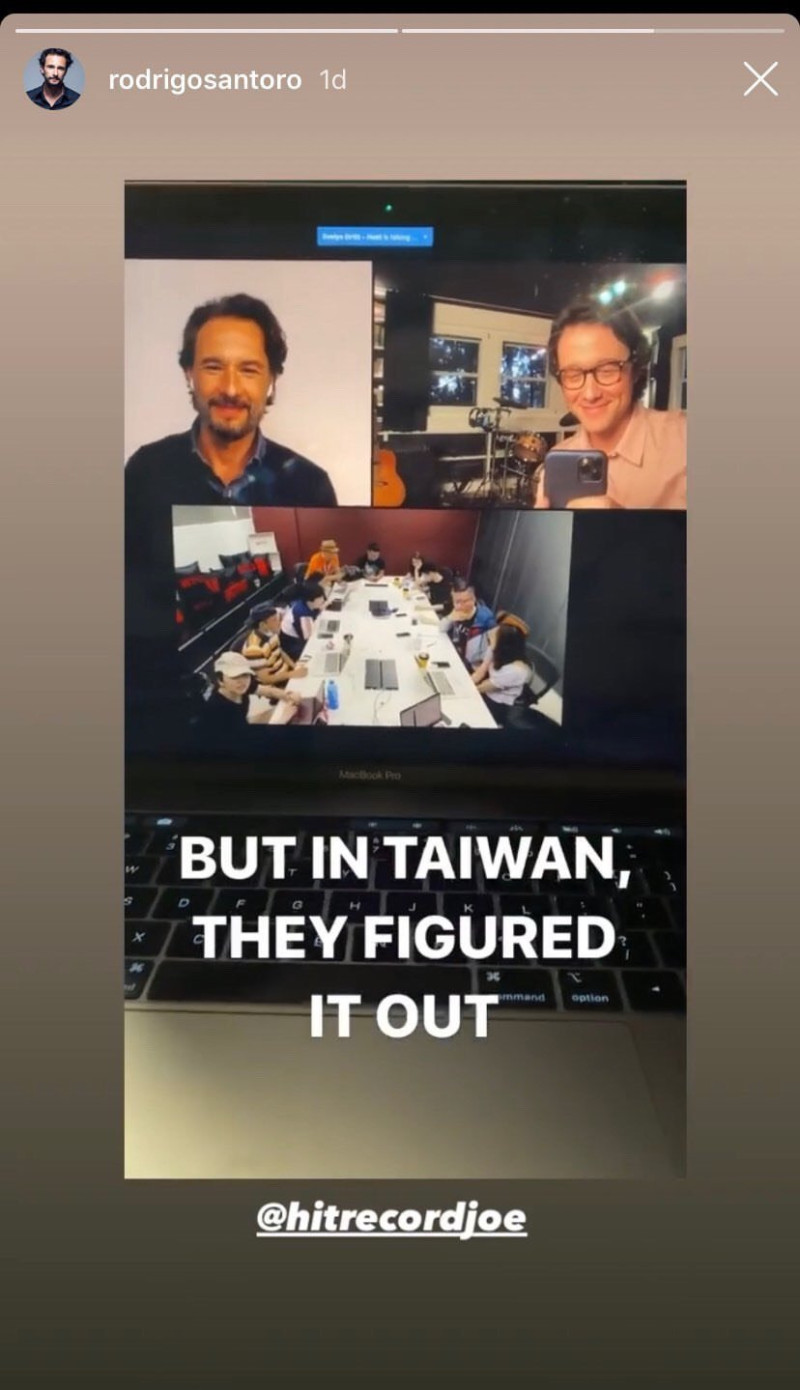 羅德林哥桑特羅與喬瑟夫高登李維接受台灣媒體聯訪時印象深刻，還特別截圖擺上自己IG做紀念。   圖：翻攝自羅德林哥桑特羅IG