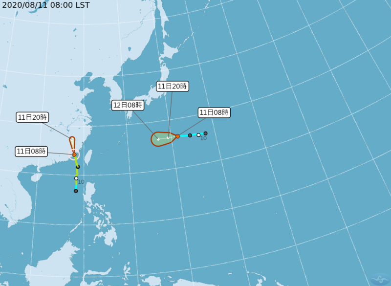 第6號颱風米克拉及日本附近熱帶性低氣壓的路徑圖。   圖：中央氣象局/提供