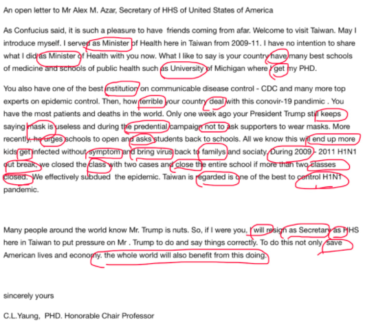 美國大學教授翁達瑞紅圈標示出英文公開信的文法錯誤。   圖：擷取自翁達瑞臉書