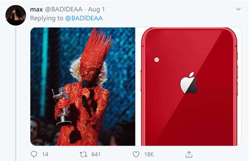 紅色蕾絲套裝讓網友聯想到紅色iPhone機身。   圖：翻攝自@BADIDEAA推特