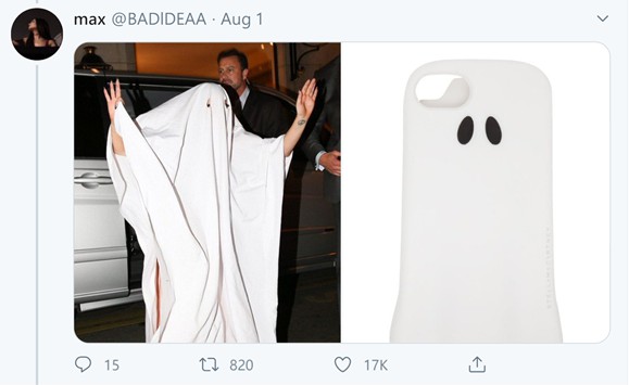 女神卡卡的服裝造型也能成功和五花八門的手機殼相撞。   圖：翻攝自@BADIDEAA推特