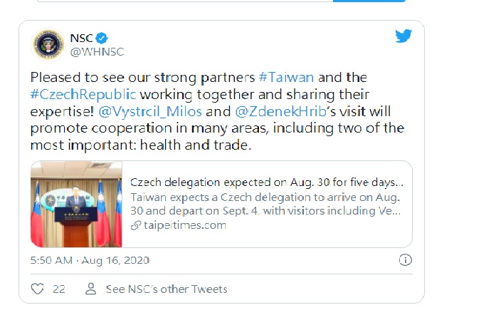 白宮國安會也推文表示，很高興看到作為美國堅實夥伴的台灣與捷克互相合作，並彼此分享專業知識。   圖/翻攝自推特