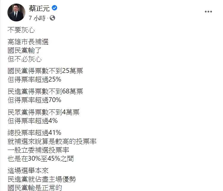 國民黨前立委蔡正元在臉書呼籲國民黨別灰心，稱藍鐵票有1/4。   圖:翻攝自蔡正元臉書。