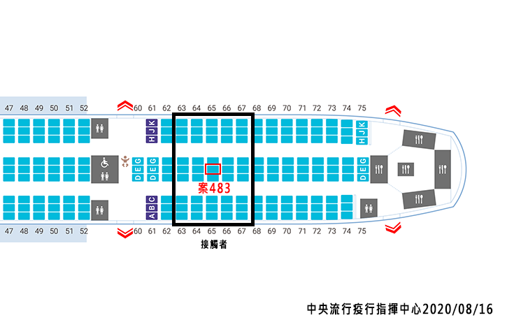 指揮中心公布案483由澳洲工作返台者機上座位。   圖：中央流行疫情指揮中心/提供