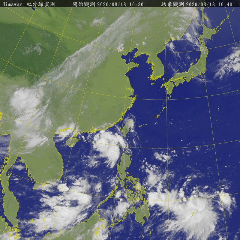 從衛星雲圖上可見，台灣鵝鑾鼻西南方約480公里處的低氣壓，已經形成有結構的輕度颱風。   圖：中央氣象局/提供