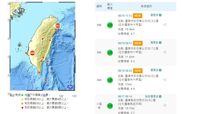 今日上午11點13分在台南發生規模4.7級的地震。   圖：中央氣象局/提供