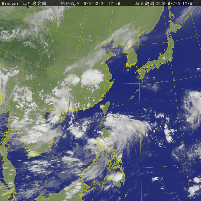 從衛星雲圖上顯示，台灣東南方海面上有一團雲系，那就是位在菲律賓東邊的熱帶擾動90W。   圖：中央氣象局/提供