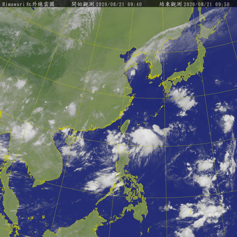 從衛星雲圖中可看見台灣東南方有一團雲，那就是即將生成為8號颱風巴威的熱帶擾動。   圖：中央氣象局/提供