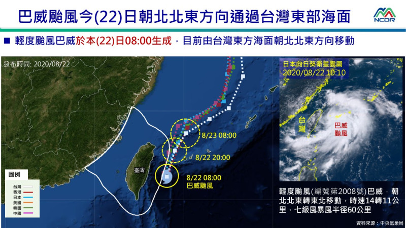 巴威颱風在今天最靠近台灣，往北北東移動。   圖：NCDR／提供