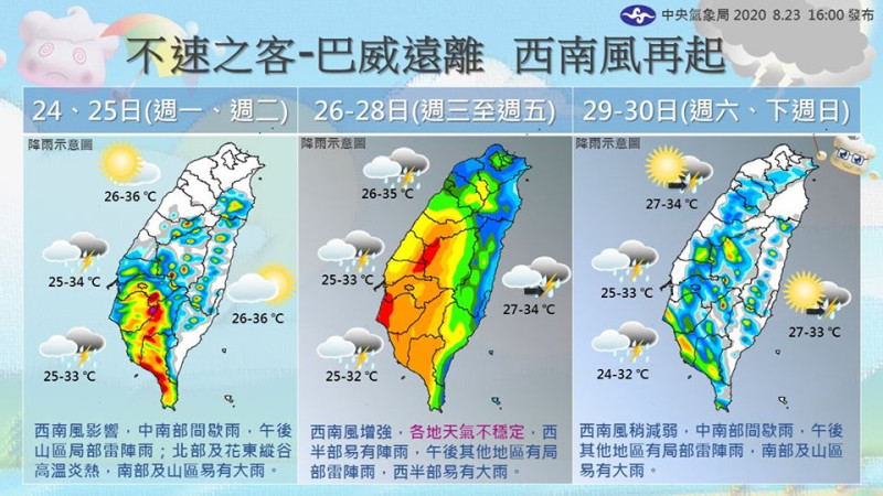 1圖掌握本周降雨趨勢3階段的改變。   圖：中央氣象局/提供