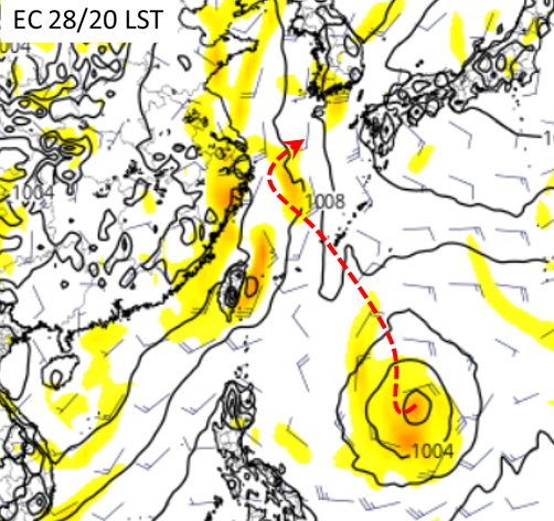 吳德榮說，最新歐洲模式模擬，周五菲律賓東方海面有熱帶擾動發展，模擬路徑則經琉球附近、長江口外海，再轉向東北方(紅虛線)。   圖：翻攝三立準氣象．老大洩天機