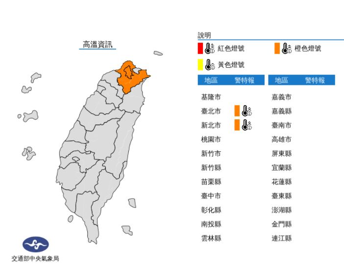 台北、新北亮橙色燈號，中午前後可達36度高溫。   圖：氣象局／提供