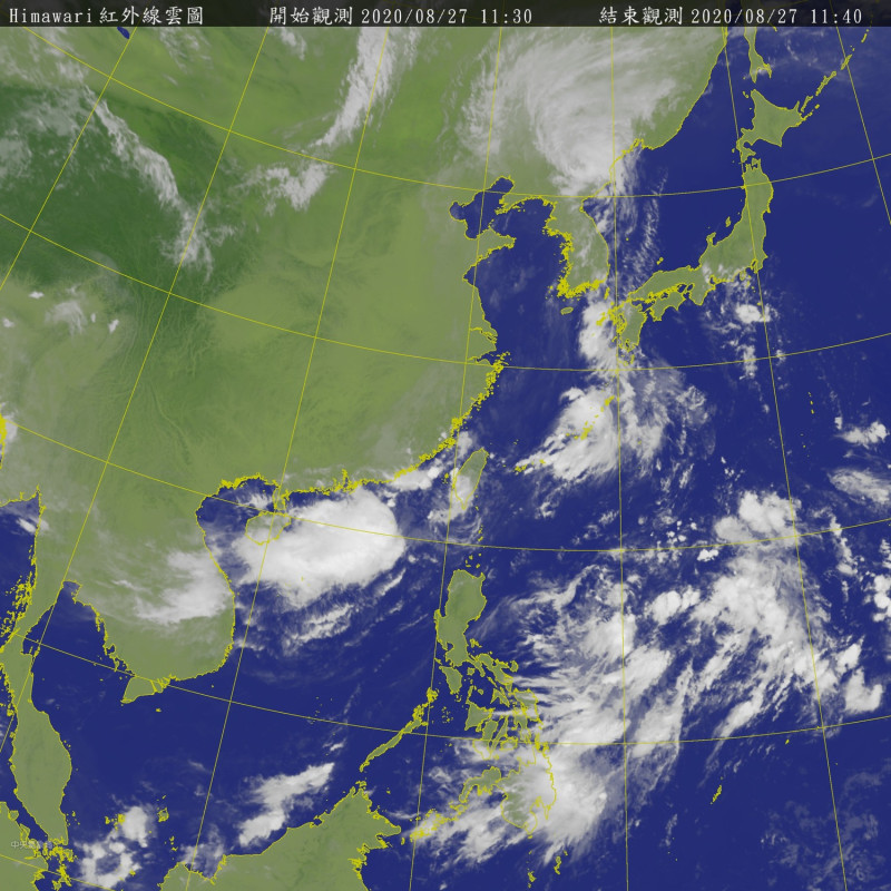 從衛星雲圖上來看，台灣西南方有一塊雲，那塊就是西南風雲系，它的外圍對流會影響台灣，但這塊西南風明日將會逐漸消散。   圖：中央氣象局/提供