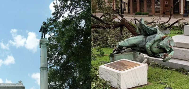 颶風蘿拉（Hurricane Laura）吹倒了路易斯安那州的一座聯邦雕像。   圖:翻攝自環球時報。