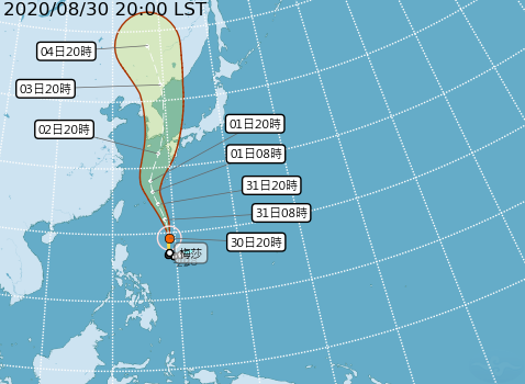 氣象局針對中颱梅莎的預估路徑圖，今日受外圍環流影響，北部及東北部地區有局部較大雨勢發生的機率。   圖：中央氣象局/提供