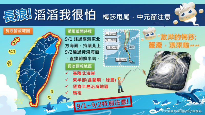 因受梅莎颱風影響，台灣東部沿岸有長浪發生機率。   圖：中央氣象局/提供