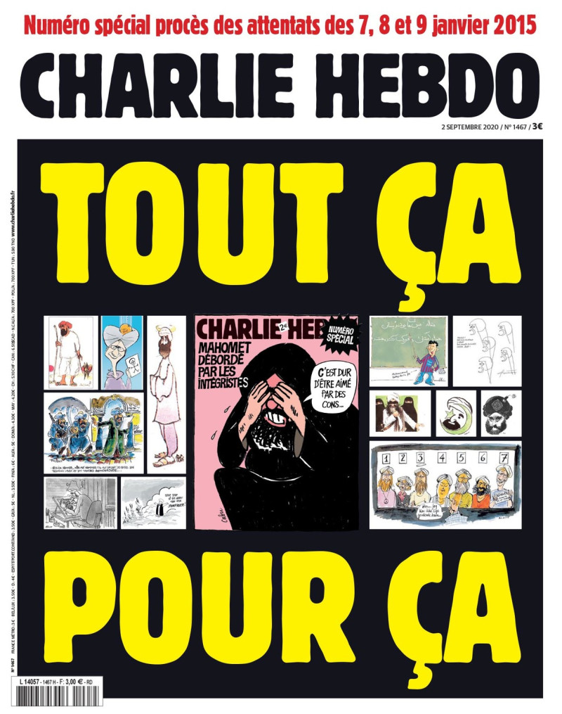 法國諷刺雜誌《查理周刊》重新刊出2015年1月7日的伊斯蘭教穆罕默德先知封面，表明雜誌不會向暴力屈服。   圖：翻攝自《查理周刊》臉書
